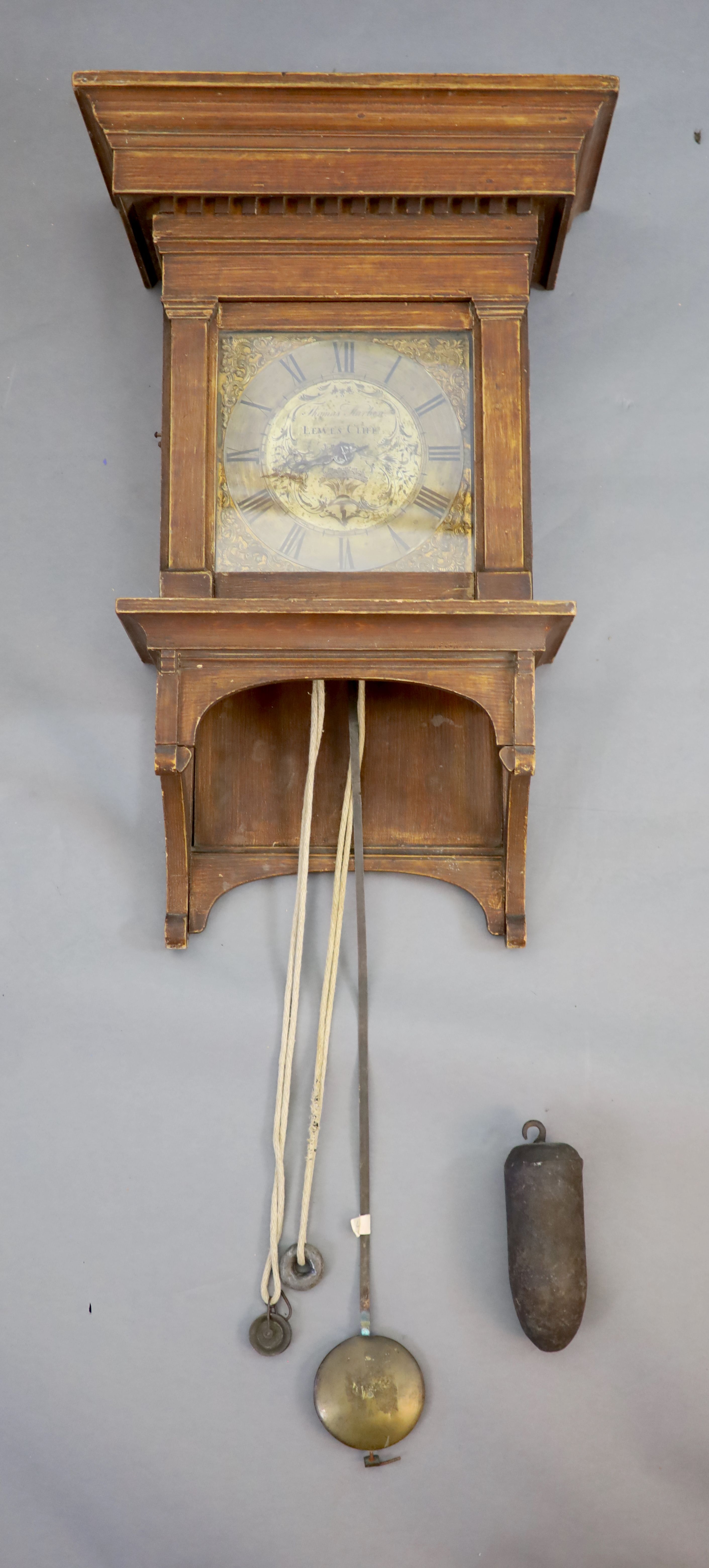 Thomas Harben of Lewes, an 18th century wall clock, 51cm wide, 30cm deep, 86cm high (maximum)